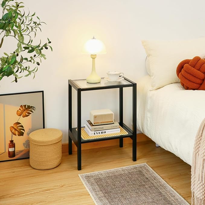 2-Tier Bamboo Side Table, Modern Glasstop Rattan Side Table, Mid Century Wood Sofa-Side End Tables for Living Room, Bedroom Night Stand with Storage, Small Narrow Coffee Tables, Black