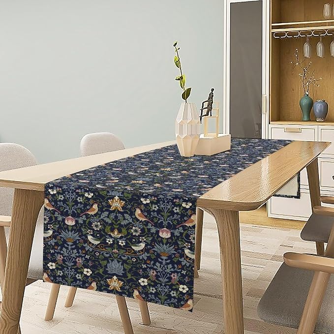 William Morris Vintage Flower Table Runner, Beautiful Vintage Boho Floral Tree Plant Birds Pattern Dinner Runner for Home Kitchen Dining Table 13x90 Inch