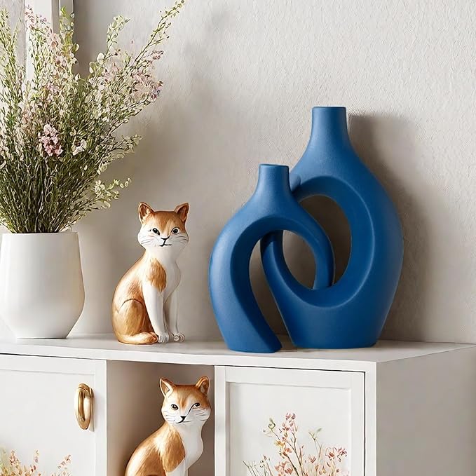Liotww Snuggle Hollow Ceramic Vase Set of 2, 11 inch Hug Donut Modern Nordic Boho Style Vases for Home Decor Anthropologie Aesthetic Living Room Shelf Entryway Table Decorative (Navy Blue)