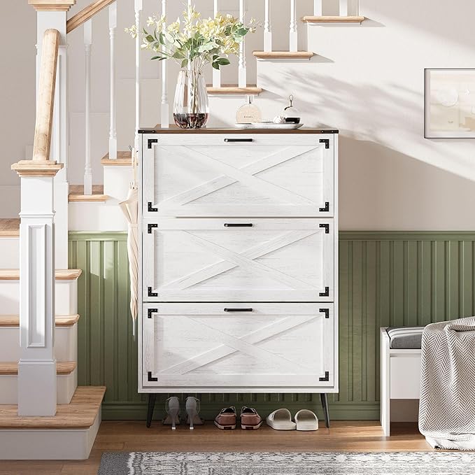 Shoe Organizer Cabinet Narrow with 3 Flip Drawers Shoe Rack Cabinet Hidden Slim Freestanding Shoe Storage Cabinet 24 Shoes for Entryway,Living Room, White Walnut