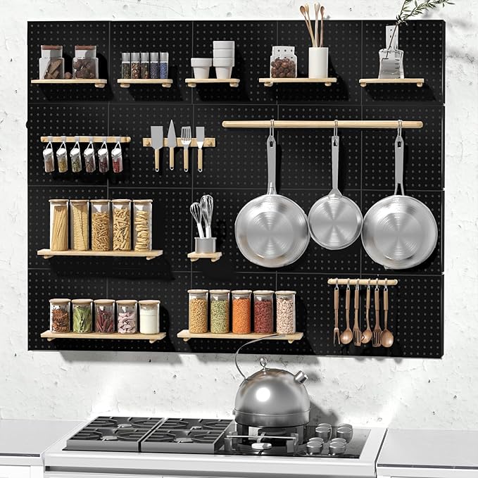Peg Board, 4 Pack Metal Pegboard Kit,Black Pegboard Wall Organizer with 32 Pcs Hooks, Peg Board for Walls Home, Garage Tool Storage, Office Organization, Kitchen, Craft Room
