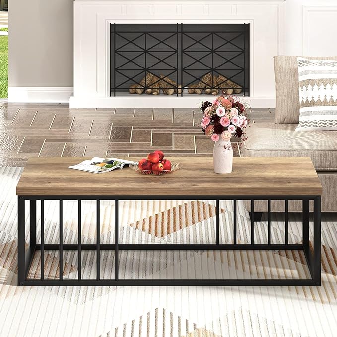 FOLUBAN Modern Coffee Table, Minimalist Wood and Metal Center Table for Living Room, Oak, 43.3 Inch