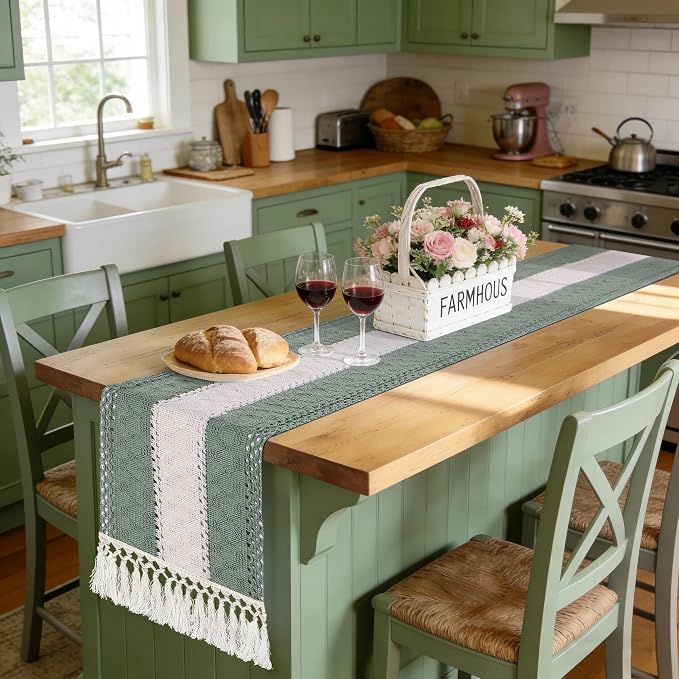 yuboo Sage Green Table Runner 72 Inches for Boho Farmhouse Decor, Cotton Woven Table Runners with Tassels for Gender Reveal Party, Rustic Green Dining Table Decor for Wedding & Baby Shower