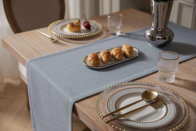 ZeeMart Burlap Style Farmhouse Table Runners 36 Inches Long, Dusty Blue Rustic Woven Dining Table Runner for Everyday Use, 14x36 Inches, Light Dusty Blue