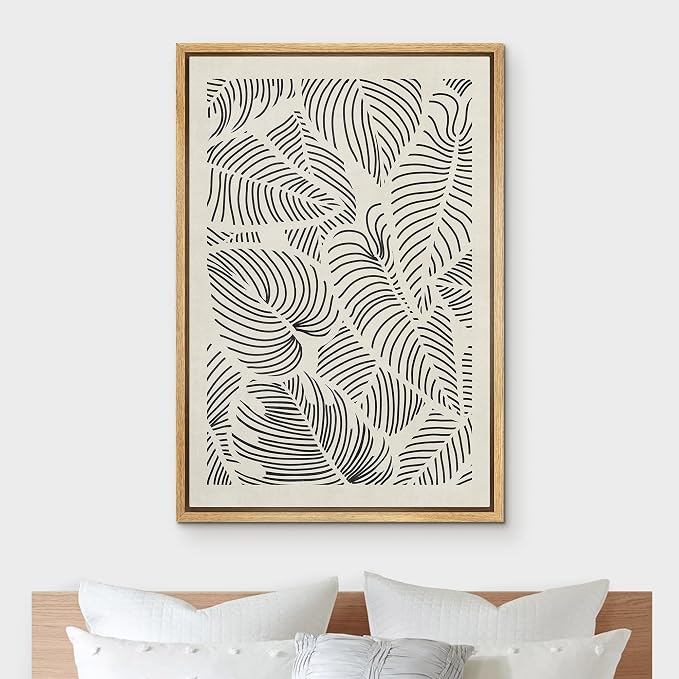 IDEA4WALL Framed Canvas Print Wall Art Hawaiian Black & White Tropical Island Leaf Print Abstract Shapes Illustrations Modern Art Decorative Minimalist Multicolor for Bedroom - 16"x24" Natural