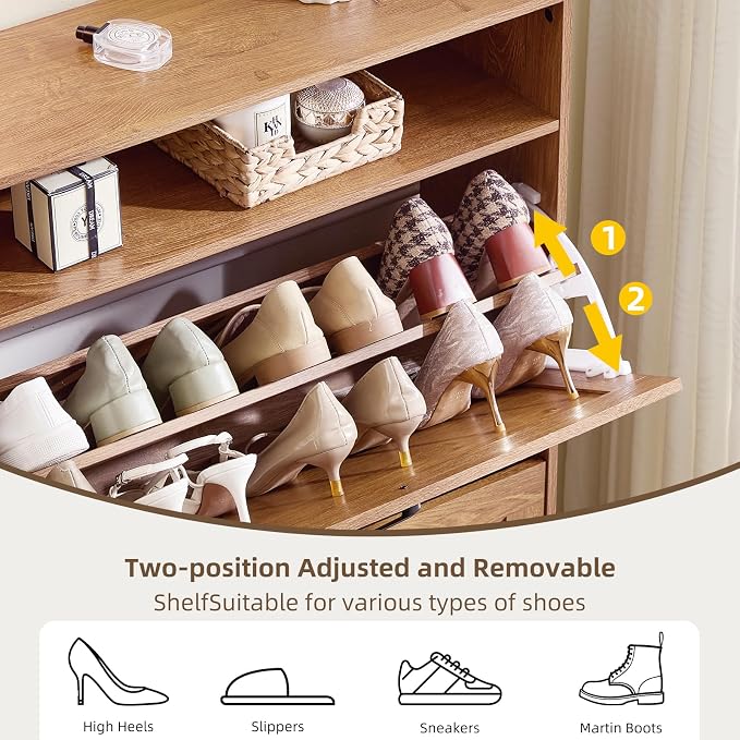 Joaxswe Shoe Cabinet Storage for Entryway with 2 Flip Drawers 2 Hook Open Storage Layer Rack Narrow Organizer Slim Hidden Wood Shoe Cabinet Furniture Tea Brown