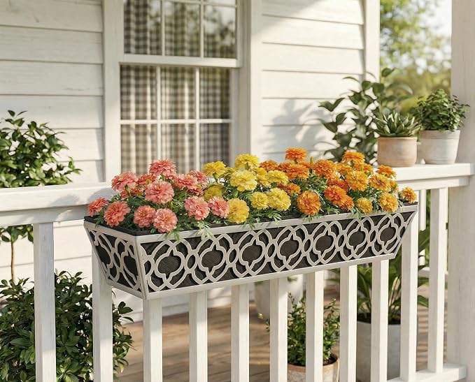 Y&M 30'' Metal Railing Planter Box Set with Black Non-Woven Fabric Liner, Flower Boxes with Adjustable Brackets, 4 Pcs Large Hanging Window Boxes for Fence, Deck, Balcony, and Garden - Gray