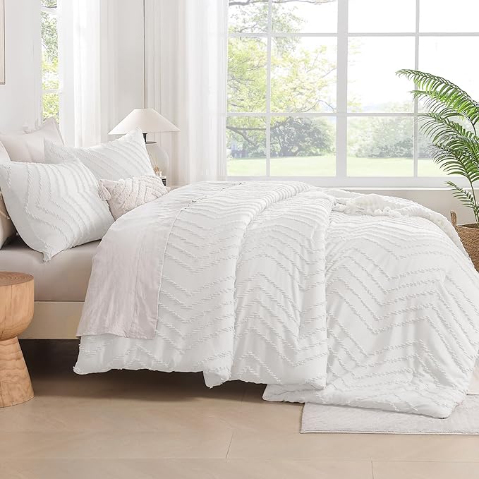Andency White Oversized Super King Comforter Set 120x120, Extra Large King Size Comforter Oversize Boho Soft Warm Bedding Comforter Sets, 3 Pieces Aesthetic Chevron Textured Bedding Set