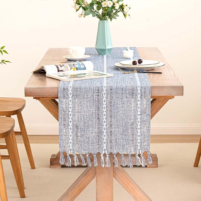 Table Runner, Rustic Farmhouse Linen Waterproof Table Runners for Holiday Party, Dresser Decor and Dining Room Decorations-Blue-14 x108, 8-10 Seats