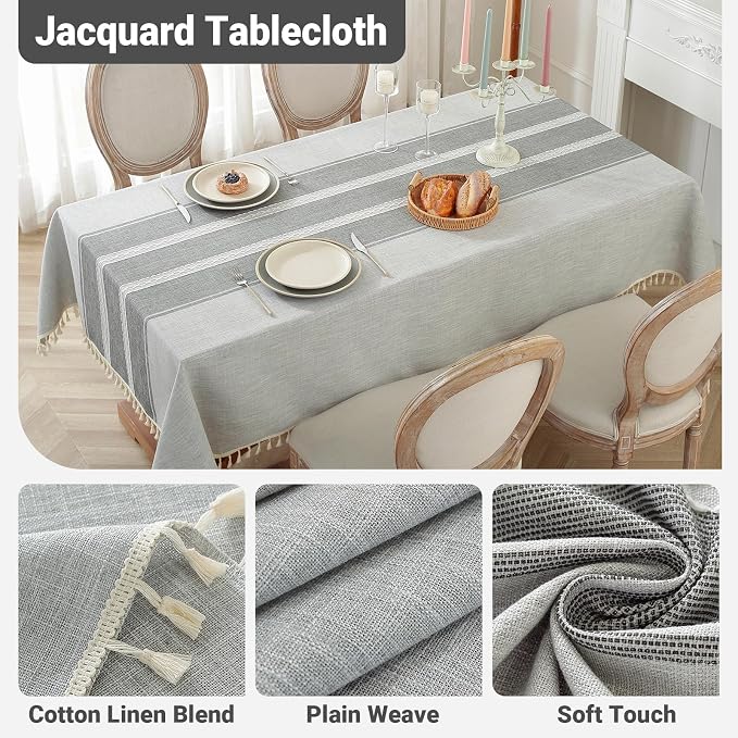 Laolitou Cotton Linen Waterproof Tablecloth for Dining Table Rustic Farmhouse Kitchen Rectangle Table Cloth Coffee Tables Cover, Grey Lines, 55x70 Inch