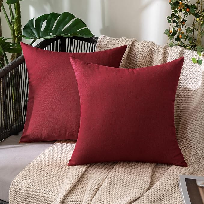 MIULEE Pack of 2 Decorative Outdoor Solid Waterproof Throw Pillow Covers Faux Linen Garden Farmhouse Cushion Cases for Patio Tent Balcony Couch Sofa 18x18 Inch Wine Red