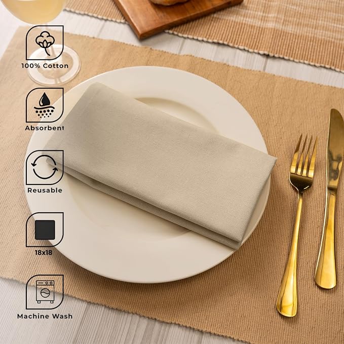 Blue Needles Solid Cloth Napkins Set of 12 Beige 100% Cotton Dinner Napkins 18x18 inches - Spring Summer Easter - Soft, Reusable, Absorbent & Washable Linen, Ideal for Events Parties & Everyday Use