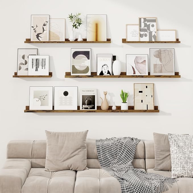 RICHFOCUS Picture Ledge Shelf, 55 inch Floating Shelves Set of 2, Wood Wall Shelves with Lip, Wall Decor Storage for Bedroom Living Room Bathroom Kitchen Nursery Photo Picture, Rustic Brown