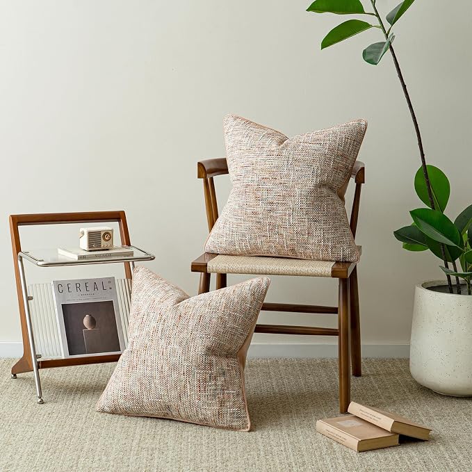 a moment Light Pink Reversible Pillow Covers 2 Pack - Farmhouse Chenille Velvet Throw Pillows, Neutral Textured Decorative Throw Pillow Covers with Border for Couch Sofa Bed (18x18 Inch, No Insert)