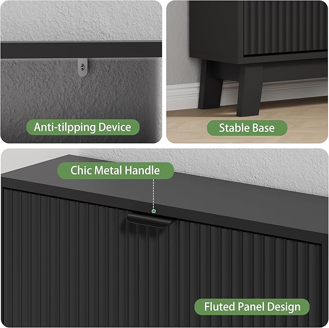 Xixini Shoe Cabinet with 3 Flip Drawers, 54" Tall Narrow Fluted Shoe Storage Organizer for Entryway, Hidden Slim Wooden Shoe Rack Cabinet for Front Door Entrance, Hallway, Living Room, Solid Black