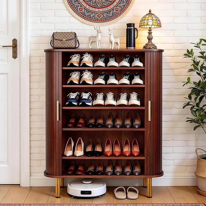 DHH Shoe Storage Cabinet with Sliding Door, 6-Tier Shoe Cabinet with Adjustable Shelves, Modern Freestanding Shoe Storage Organizer for Entryway, Hallway, Living Room (Walnut, 31.5 ")