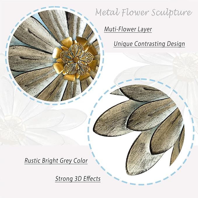 Novbvia Metal Flower Wall Sculpture, 12" Rustic Modern Floral Artwork, Distressed 3D Layered Iron Flower Wall Hanging Accent for Indoor/Outdoor, Kitchen,Living Room Office Garden Decor (Grey)