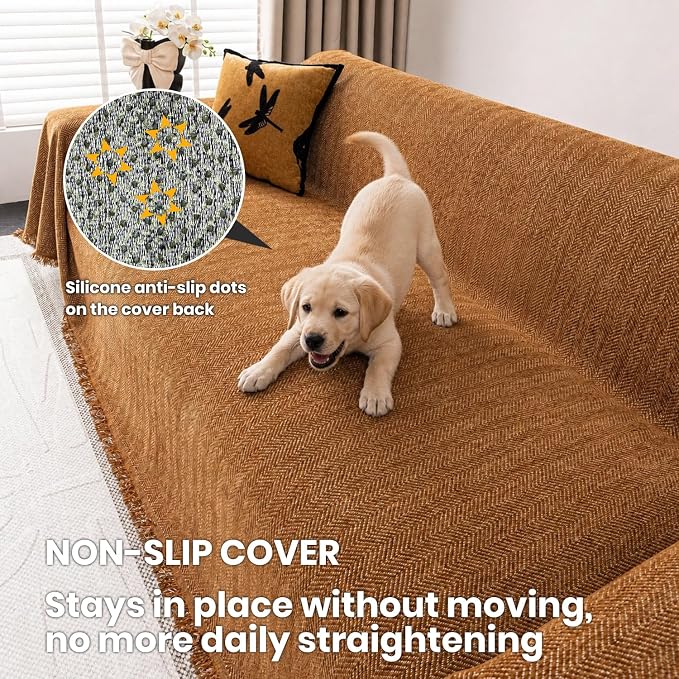 Chenille Couch Cover for Sofa Non Slip Cover Washable Pet Scratch Couch Covers Tassel Sofa Slipcover for 3 Cushion Couch Furniture Protector Blanket for Living Room,Clay Brown 91"x118"
