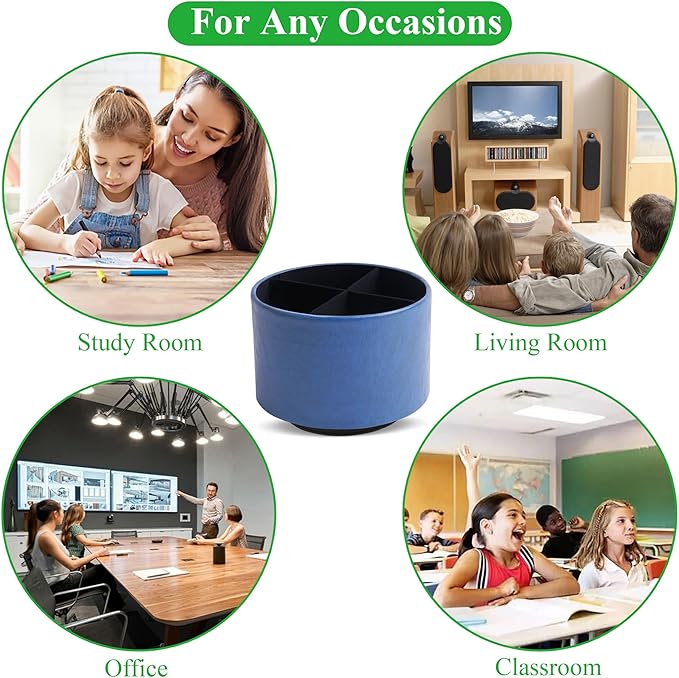 Round Leather Art Supply Organizer,Remote Control Holder,360 Degree Spinning,Multi-Functional Pencil Holder,4 Compartments Desktop Stationary Organizer(1-Oil Blue2)