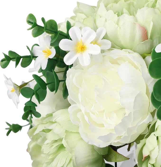 White & Green Mixed Peonies Bouquet, Silk Faux Peony with Glass Bottle and Faux Water for Home Decor Wedding Bouquets Table Centerpieces