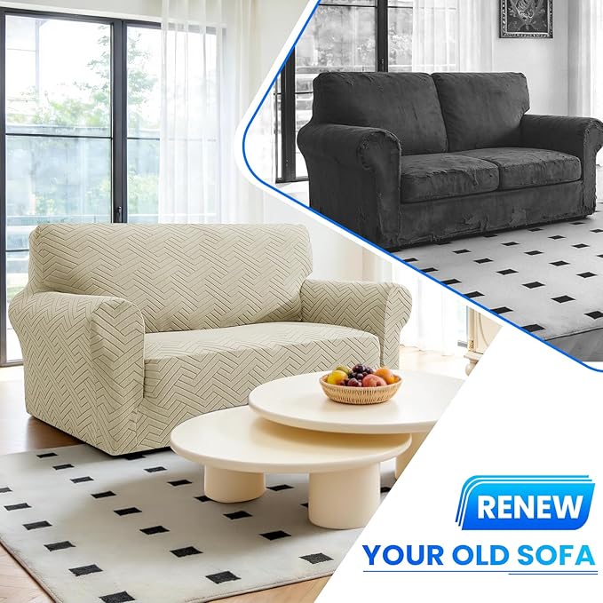Stretch Sofa Slipcover 2 Cushion Couch Sofa Cover,55"-69" Non Slip Soft Couch Sofa Cover Washable Furniture Protector with Non Skid Foam and Elastic Bottom for Kids, Pets,Khaki