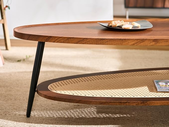 Shrine Oval Wood and Rattan Coffee Table, Mid-Century Modern Coffee Table, Two-Tier Brown Walnut Table for Living Room, D47.2''x W25''x H15.3'', Walnut Wood Top and Woven Rattan Base