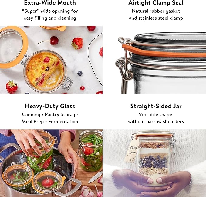 Le Parfait Super Terrine 1L (32oz) Zero Waste Eco-Friendly Glass Canning Jar, Airtight Rubber Seal & Wire Bail Lid, BPA-Free, Water Bath Safe for Food Storage & Preserving, Made in France