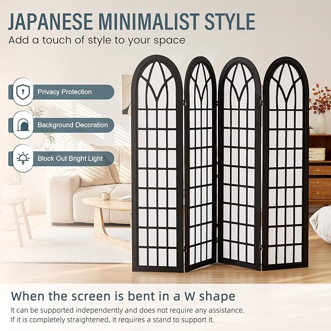 Room Divider and Folding Privacy Screen, 4 Panel Japanese Shoji Style Room Divider, Partition Divider for Room Separation, Portable Decoration Screen for Home Office Restaurant - Black