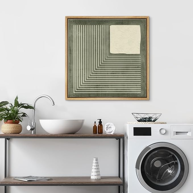 SIGNFORD Framed Canvas Print Wall Art Abstract Lines and Square Geometric Monochrome Design Illustrations Modern Art Relax/Calm Warm for Living Room, Bedroom, Office - 24"x24" Natural