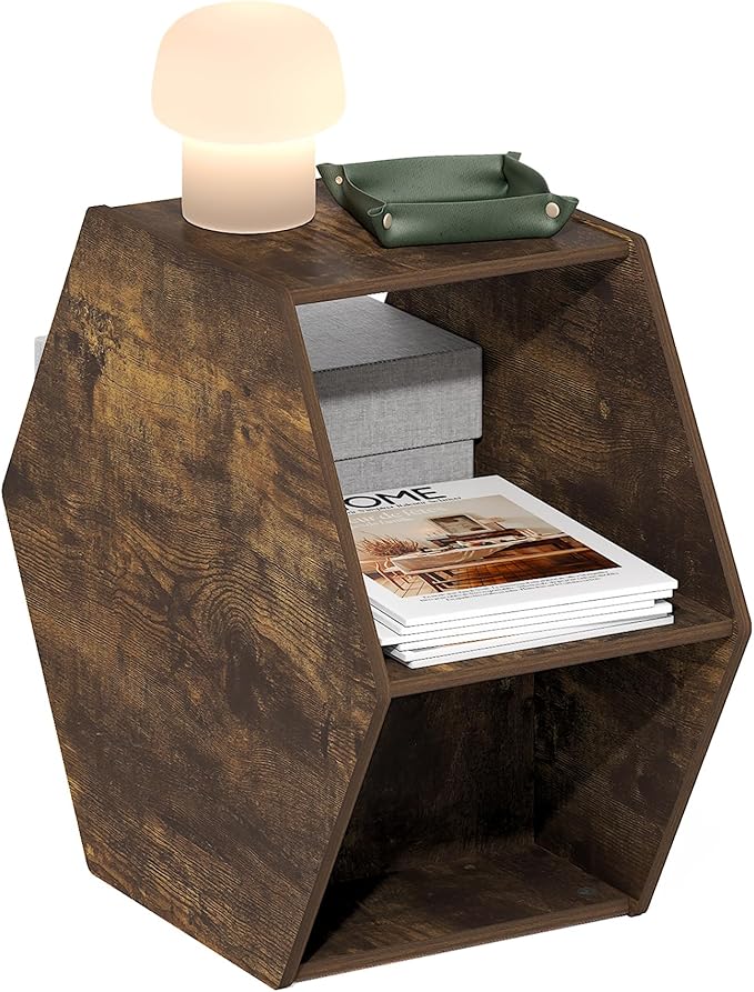 Furinno Simple Design Coffee Table, Hexagon Modern Coffee Table with Open Shelf, Vertical or Horizontal Side Table, for Living Room, Bedroom, Home Office, Amber Pine