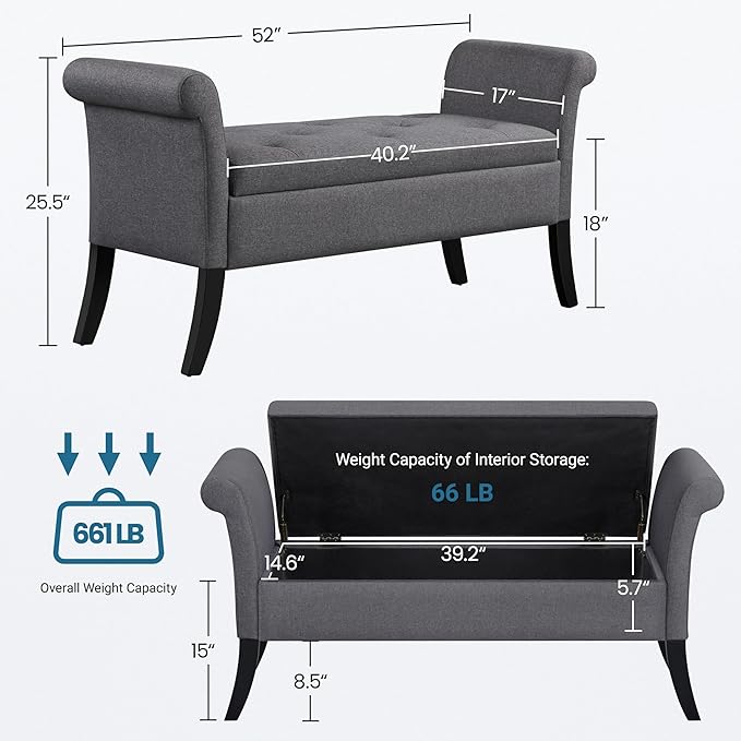 Yaheetech Storage Bench for Entryway Linen Window Bench with Rolled Arms for Bedroom Entryway Window Seat, Dark Gray