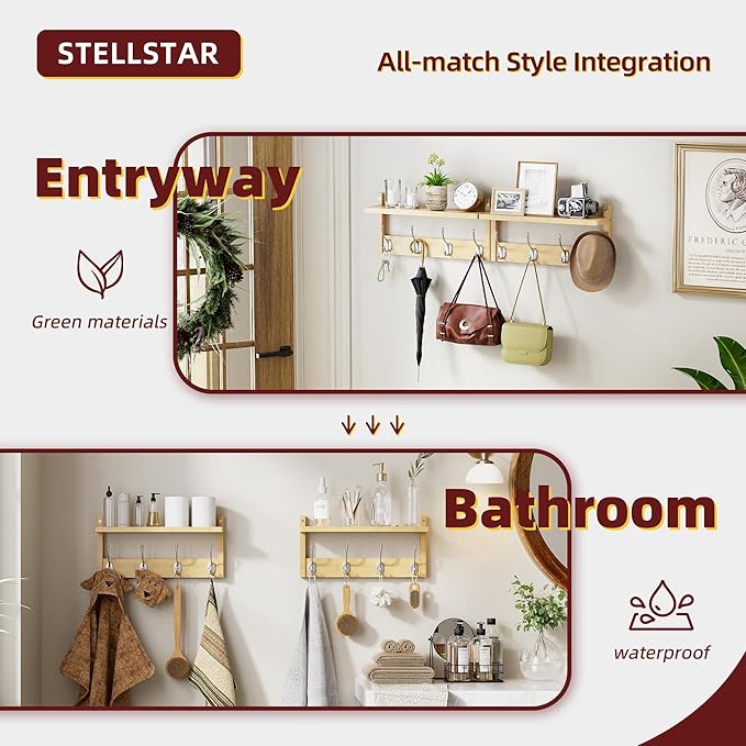 STELLSTAR Coat Rack with Shelf, 2 Pack Bamboo Wall-Mounted Coat Hanger with 8 Hooks for Entryway, Hallway, Kitchen, Bathroom, Living Room, Utility Room (Natural)