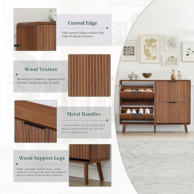 FurSch 47" Fluted Large Shoe Cabinet with 4 Flip Drawers, Slim Freestanding Shoe Cabinet Organizer, Narrow Shoes Storage Rack for Entryway, 5 Sturdy Legs (All Walnut, 9.45" D x 47.24" W x 35.83" H)