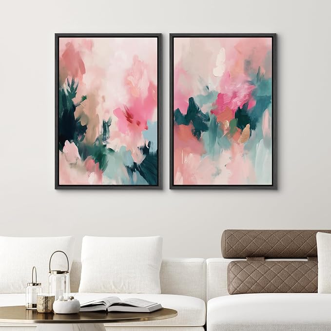 SIGNLEADER Framed Canvas Print Wall Art Set Pastel Garden Soft Pink and Green Tones Illustrations Modern Multicolor for Living Room, Bedroom, Office - 16"x24"x2 Black