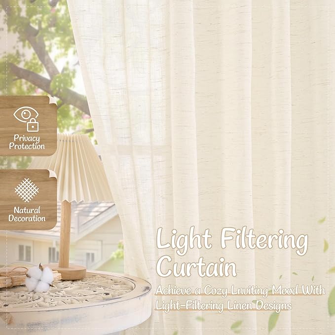 LAMIT Beige Sheer Linen Curtains 48 Inch Length, Light Filtering Short Kitchen Window Drapes Back Tab and Rod Pocket Neutral Farmhouse Panels for Bedroom/Cafe, 2 Panels, 34 x 48 Inch