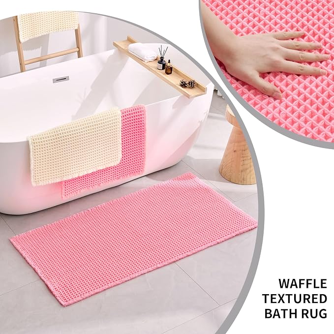 Disolla Waffle Bath Mat, Non Slip Absorbent Bathroom Rug, Machine Washable Quick Dry Ultra Soft Bathroom Floor Mat, Pink Bath Rug for Tub Shower, 24''x48''