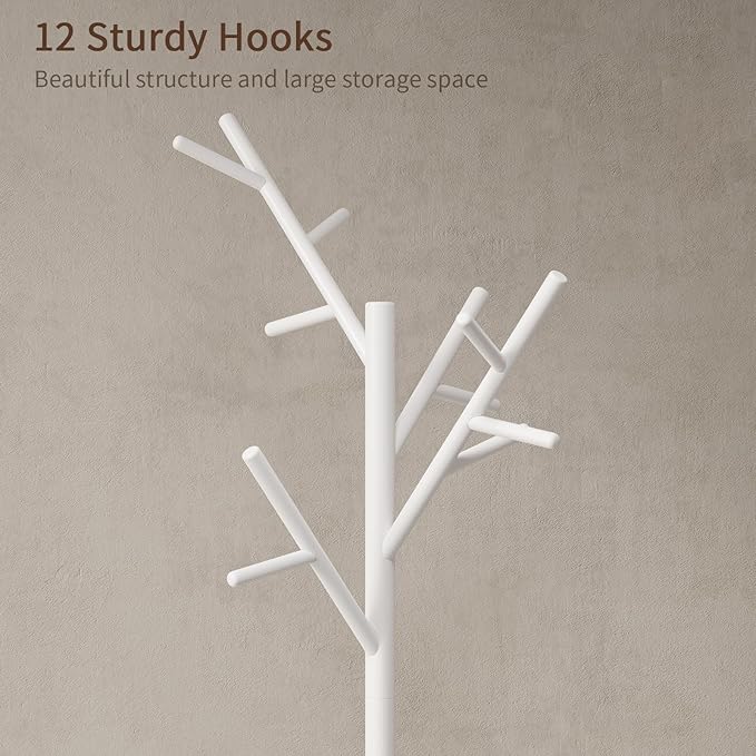 Muwuele Coat Rack, Solid Wood Coat Rack Freestanding with 12 Hooks, Coat tree freestanding 3 Adjustable Heights for coat, Hats, Handbags，Coat Stand for Entryway,Bedroom (White)