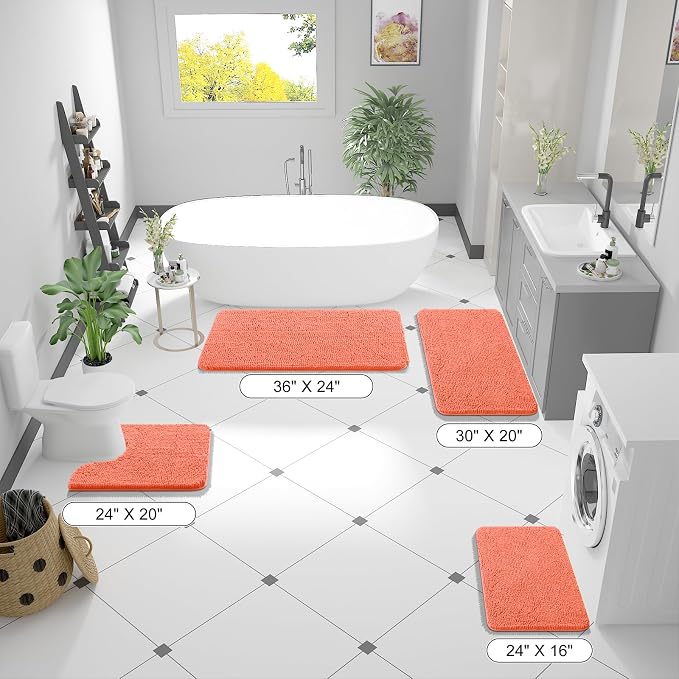 OLANLY Bathroom Rugs 36x24, Extra Soft Absorbent Chenille Bath Rugs, Rubber Backing Quick Dry, Machine Washable Bath Mats for Bathroom Floor, Tub and Shower, Home Decor Accessories, Coral
