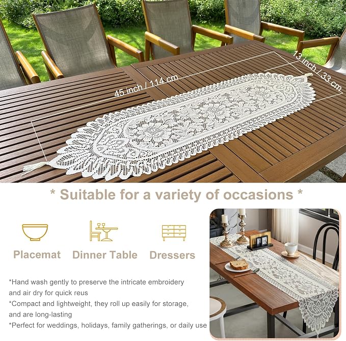 2Pcs Lace Table Runners with Tassels, Farmhouse Boho Doily Vintage Floral Dollies for Tables Dresser Nightstand Decor, Beige(13"x45")