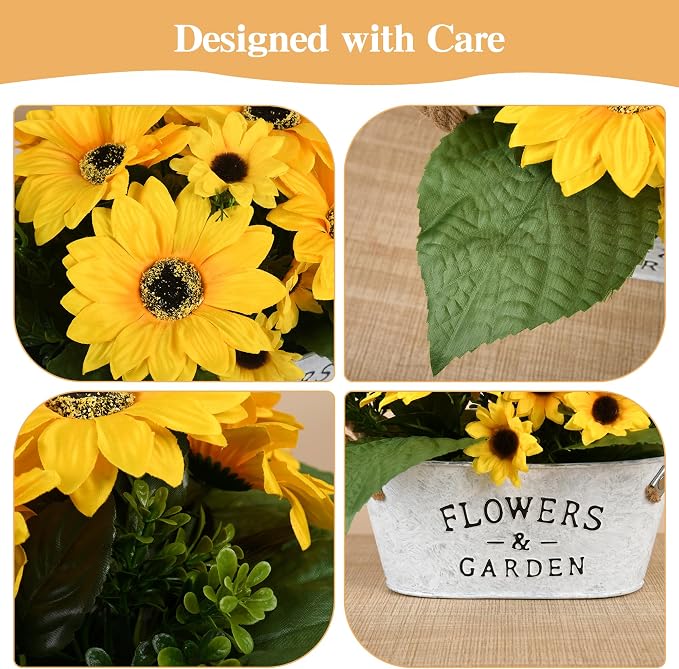 Sunflower Decor in Metal Pot – Artificial Sunflowers Bouquet with Cotton Handles, Centerpiece for Desk, Kitchen, Bathroom, Office, Classroom, Living Room, Table Decoration
