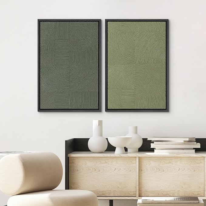 SIGNWIN Framed Canvas Print Wall Art Set Green Geometric Texture Abstract Pattern Minimalist Illustrations Modern Art Minimal Boho Relax/Calm for Living Room, Bedroom, Office - 16"x24"x2 Black