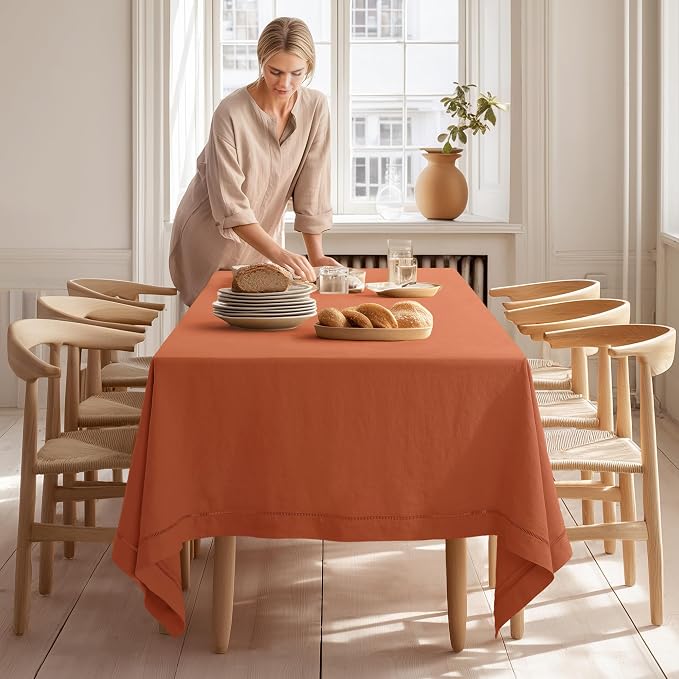 Linen World Fall Linen Tablecloth 55" x 55" Inch,French Linen Washable Rectangular Table Cloth for Dining,Outdoor, Weddings and Restaurants,Decorative Thanksgiving Christmas,Caramel Hemstitch