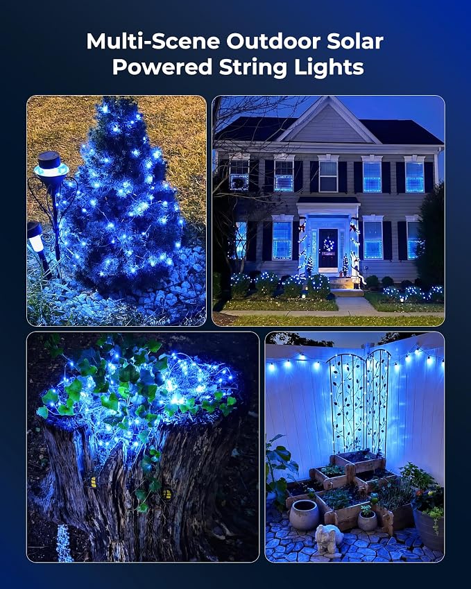 Minetom Solar String Lights for Outside, 33Ft 100 LED Outdoor Solar Fairy Lights, 8 Modes Balcony Lights for Tree Patio Christmas Party Decor (Blue and White)