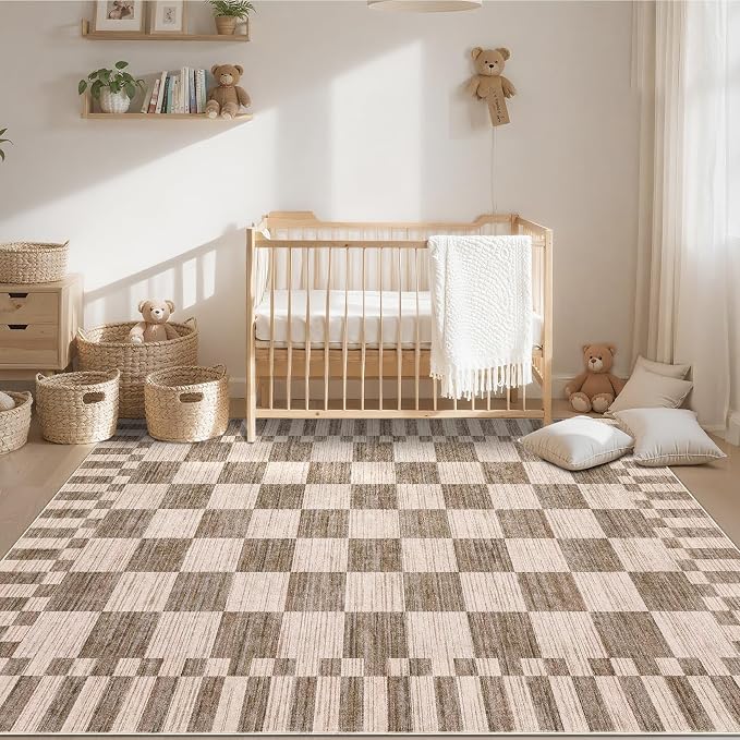 GarveeHome 9×12 Area Rugs for Living Room,Modern Brown Checkered Rug,Geometric Tan Brown Print Non-Slip Washable Farmhouse Checkerboard Rugs for Bedroom Dining Room Office