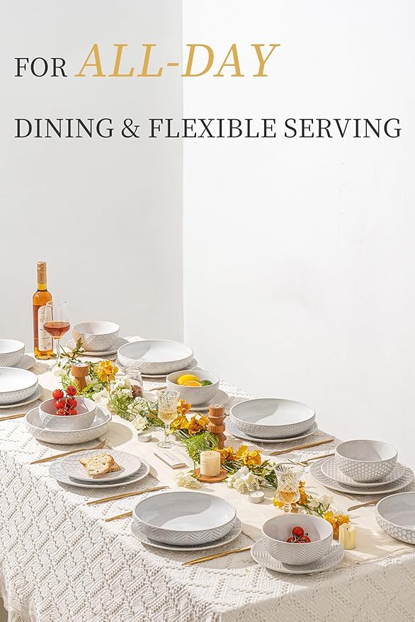 FOBENTA 24-Piece Ceramic Dinnerware Set,Large Plates and Bowls Set for 6,Elegant Dish Set for Families & Entertaining–Microwave & Dishwasher Safe Tableware (Double Bowl)