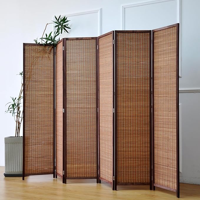 Furnnylane 6 Panel Bamboo Room Divider - 5.6 ft Tall Folding Privacy Screen for Room Separation, Natural Brown Freestanding Partition Wall for Home Office (67" H x 92.1" W)