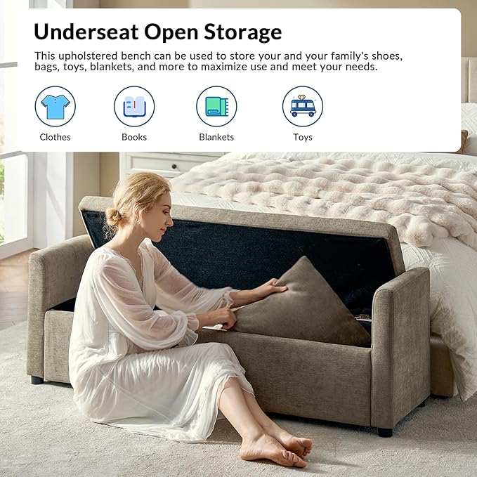 59.5" Modern Storage Ottoman Bedroom Bench, End of Bed Bench with Throw Pillows and Arms, Footrest Stool for Living Room, Dining Room, Entryway and Hallway, Brown