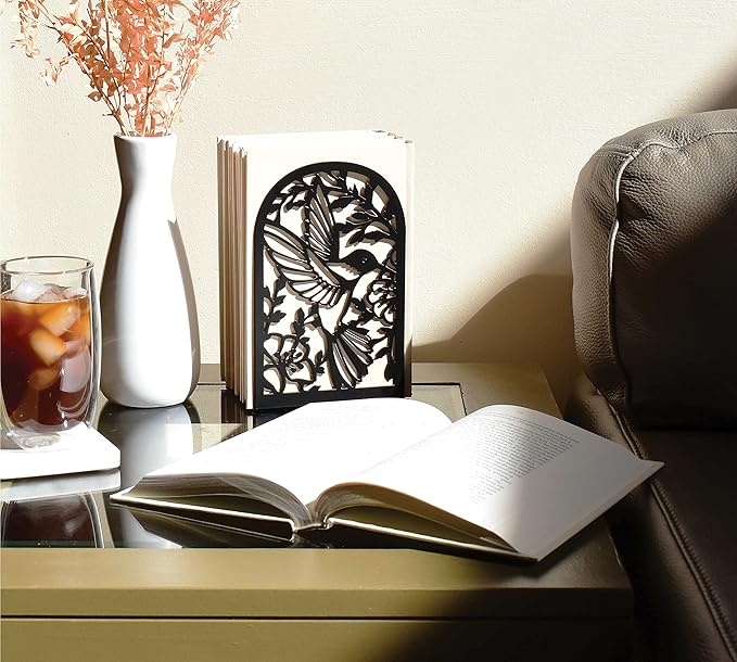 CNK Premium BookEnds - Heavy Duty Metal Book Stoppers for Home Office, Decorative Book Shelf Holders (Hummingbird Black)