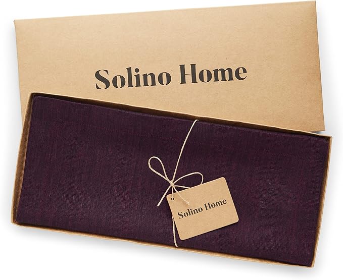 Solino Home Linen Chambray Burgundy Table Runner 144 Inches Long - Athena, 100% Pure Linen 14 x 144 Inch Table Runner