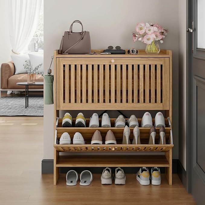 wanan 31.5" Shoe Cabinet with 2 Flip Slatted Drawers, Adjustable & Removable Panels, Narrow Shoe Cabinet Storage for Entryway, Hallway, Shoe Rack Organizer Cabinet, Light Oak